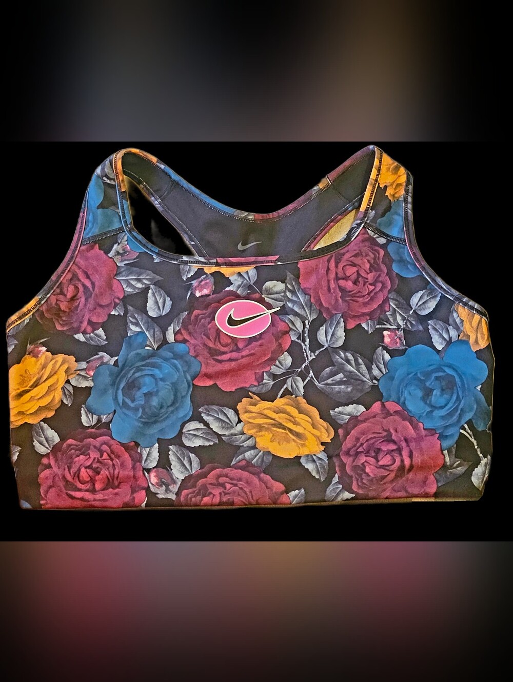 Nike Floral Sports Bra Tank - Black with Pink, Blue & Yellow Roses